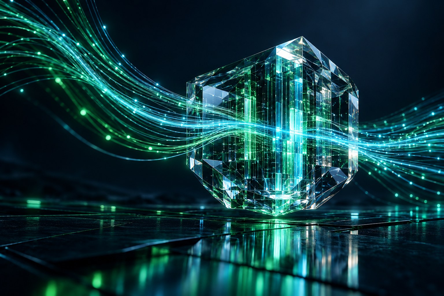 Emerald light paths converge around a secure glass core, representing connected cyber protection