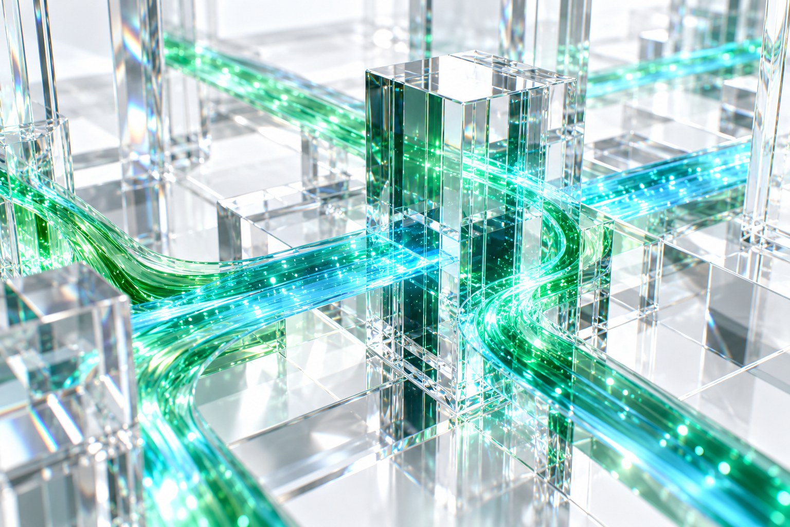 Emerald network paths through glass architecture, illustrating connected security capabilities