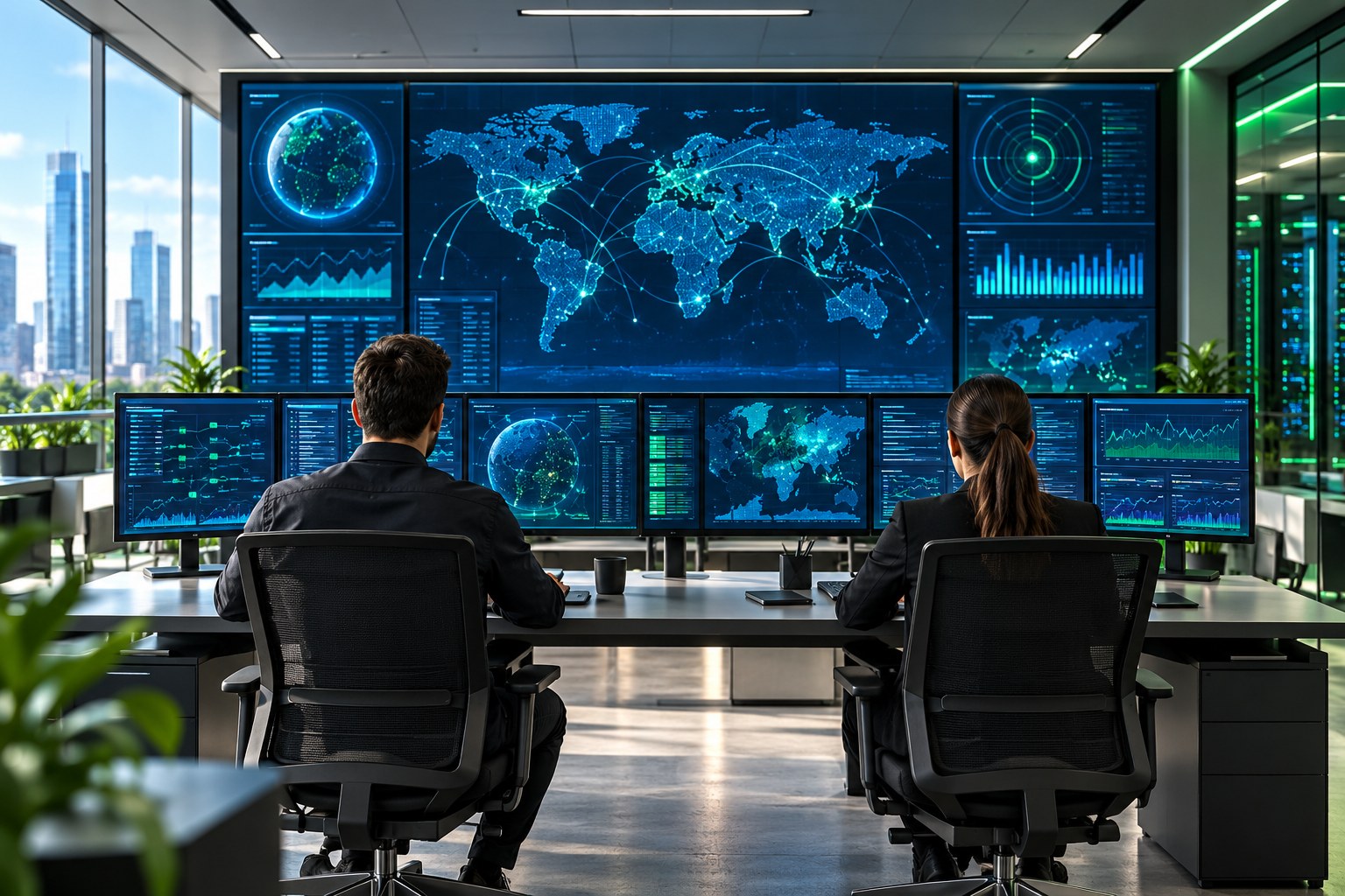 Illustrative security operations centre with analysts monitoring large security displays